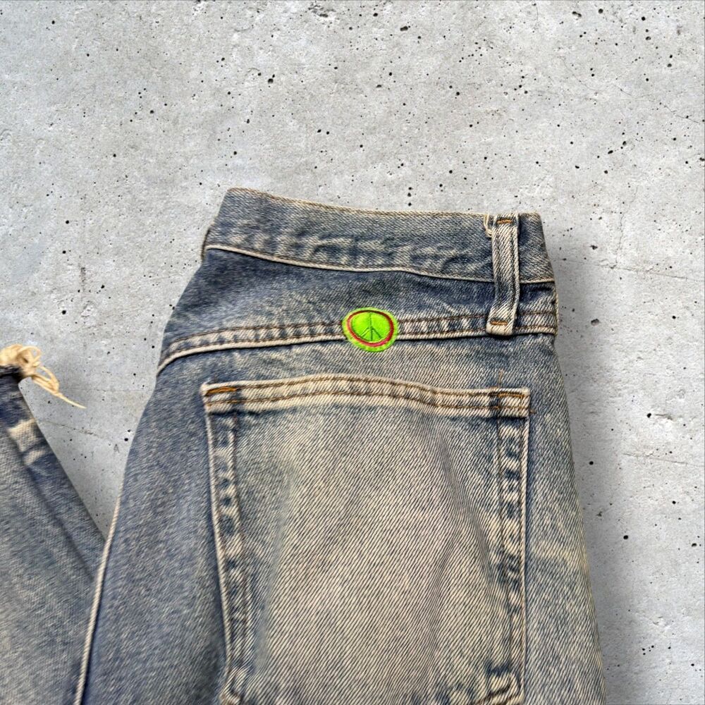 Vintage Light Wash Straight Leg Jeans Mens 33x32 Faded Distressed Raw Hem Peace - Picture 4 of 13